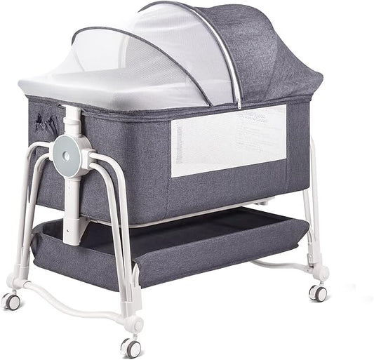 4 in 1 Baby Bassinet Bedside Sleeper, Rocking Baby Crib with Lockable Wheels, Storage, Mosquito Net and Matress Included, 7 Level Adjustable Bedside Bassinet for Baby Newborn(Gray)