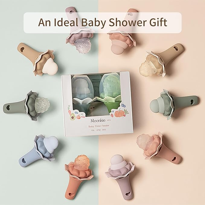 Moonkie Baby Fruit Feeder, BPA Free Silicone Food Feeder for Infant Self Feeding, Baby Shower Gifts for Teething Relief, Baby Feeding Essentials 4 Months+, Two Pouches, 2 Pack