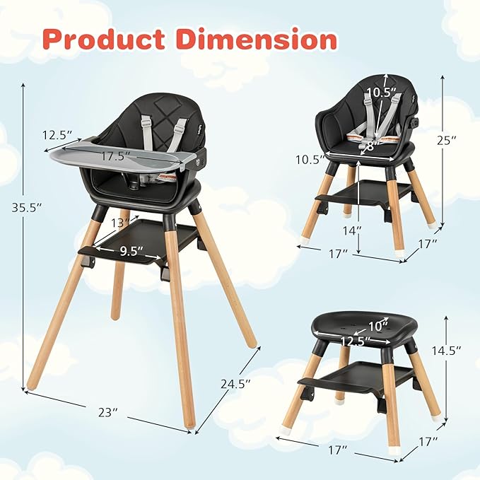 HONEY JOY Baby High Chair, 6 In 1 Convertible Wooden Highchair for Babies and Toddlers/Toddler Chair/Bar Stool, Removable Double Tray & Reversible Footrest, Safety Harness for Infant Boys Girls(Black)