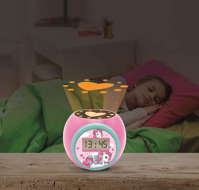 LEXiBOOK Projector Clock Unicorn with Snooze Alarm Function, Night Light with Timer, LCD Screen, Battery Operated, Pink, RL977UNI