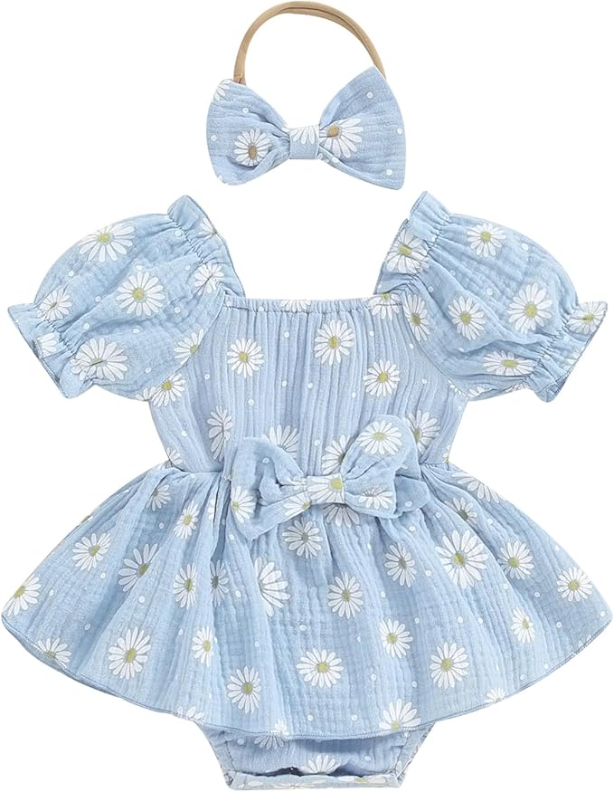 Baby Girls Floral Cotton Leotard Romper Newborn Daisy Playsuits Ruffled Sleeve Onesie Infant Jumpsuit Clothes Headband