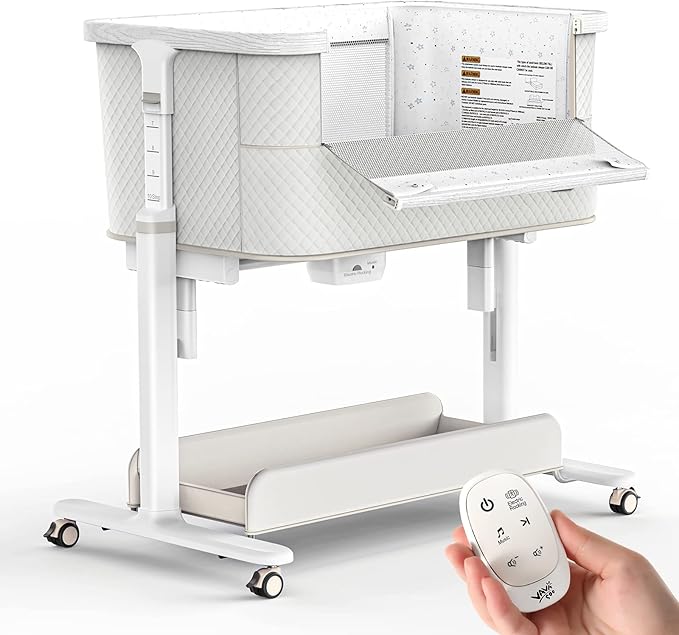 Rocking Bassinet for Baby Electric 3 Motion Automatic Bedside Sleeper Auto Rolling Newborn Cradle Rocks Itself 5 Height Adjustable with Music, Wheels, Storage, Grey & White
