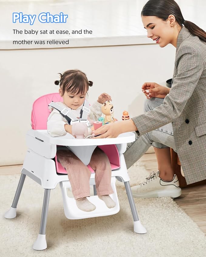 3-in-1 Baby High Chair, Adjustable Convertible Infant Baby Feeding Chair Booster for Eating with Detachable Tray, 5-Point Harness, Pink