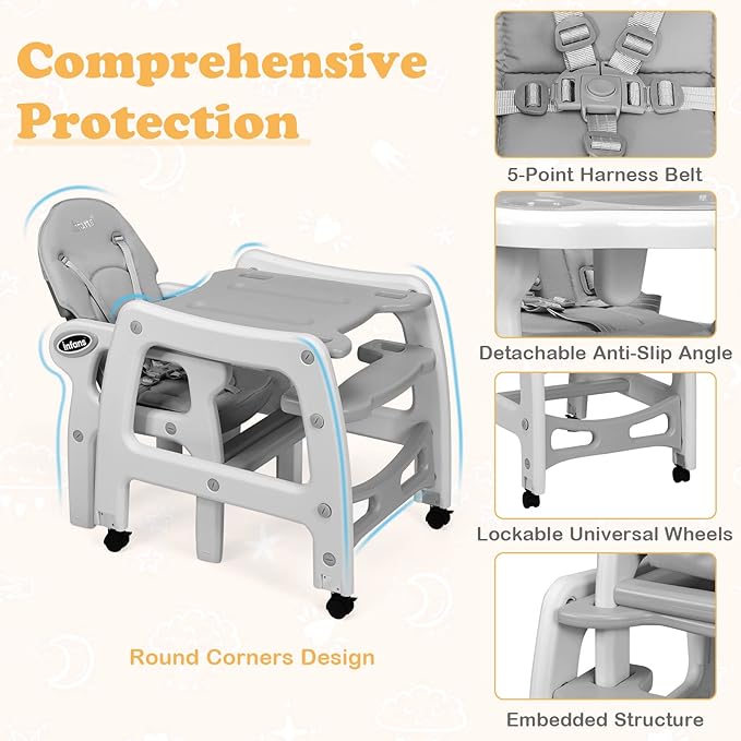 INFANS 5 in 1 Baby High Chair, Convertible Toddler Table Chair Set, Multi-Function Rocking Seat with Lockable Universal Wheels, Adjustable Seat Back, Removable Trays