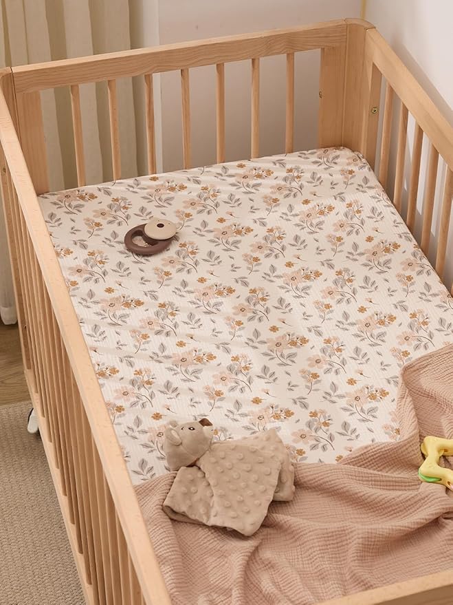 TILLYOU 2 Pack Muslin Crib Sheets for Boys and Girls, 100% Cotton Fitted Crib Sheet for Toddler 52"x28" Standard Crib Mattress, Yellow Flower
