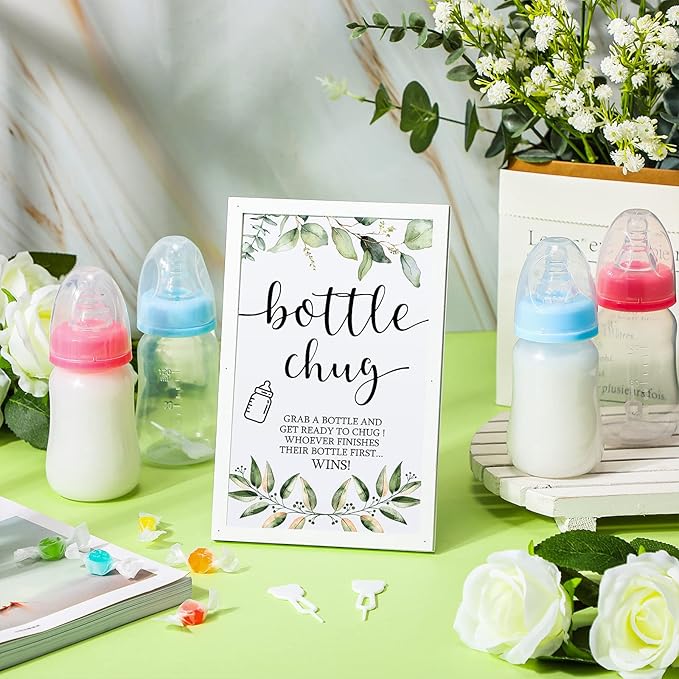 Roowest Bottle Chug Baby Shower Game Favors Including Eucalyptus Theme Wooden Sign and 18 Pcs Baby Bottles for Gender Reveal Party Supplies