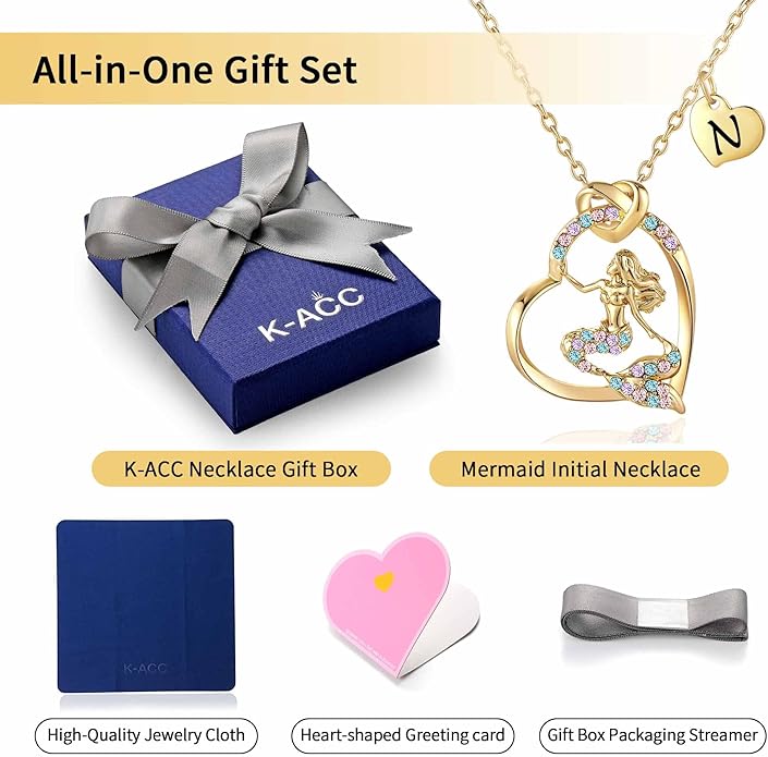 K-Acc 14K Gold-Plated Mermaid Initial Heart Necklace - Gifts for Girls