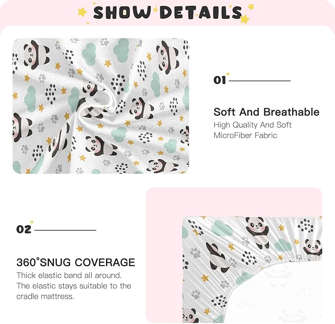 Baby Crib Sheets Panda Stars and Clouds Crib Sheets for Boys Girls,Neutral Bassinet Toddler Bed Play Sheets Breathable Soft and Portable 52 * 28 * 9in