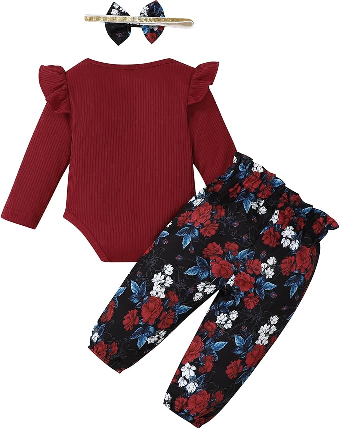 DISAUR Baby Girls Clothes Newborn Infant Baby Girls Outfit Long Sleeve Ruffle Romper Floral Pants Headband Sets 0-18 Months