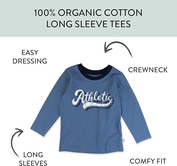 HonestBaby 5-Pack Long Sleeve T Shirts 100% Organic Cotton for Toddler, Little Kids Boys, Girls