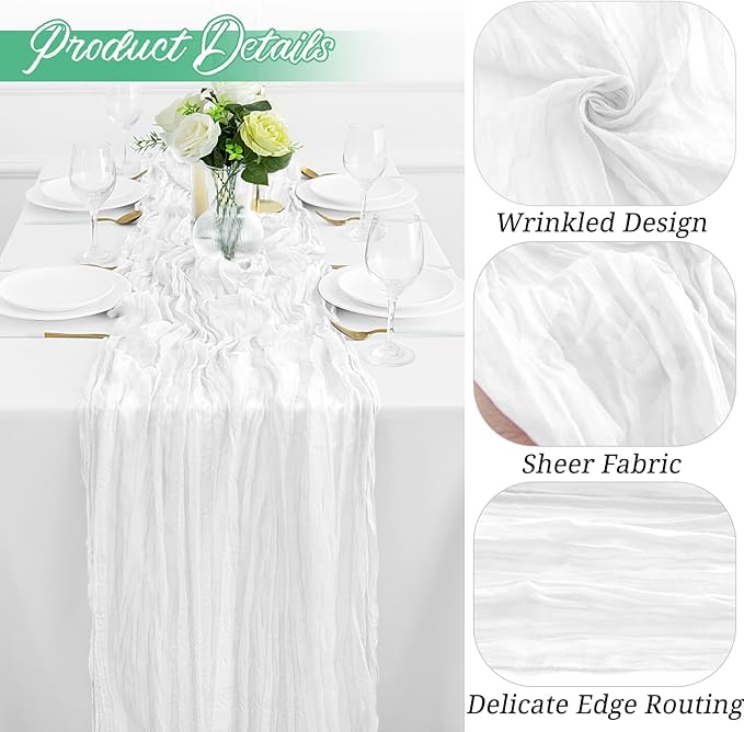 12Pack White Table Runner 10FT Cheesecloth Table Runner 35x120inch Cheese Cloth Table Runners Rustic Boho Gauze Table Runners for Party Wedding Birthday Dining Bridal Baby Shower Decor