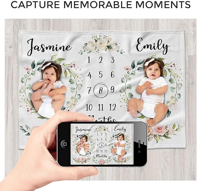 MDPrints Personalized Twin Milestone Blanket, Custom Monthly Baby Blankets with Name for Boys and Girls, 30x40 & 50x60inch Soft Plush Fleece (White)