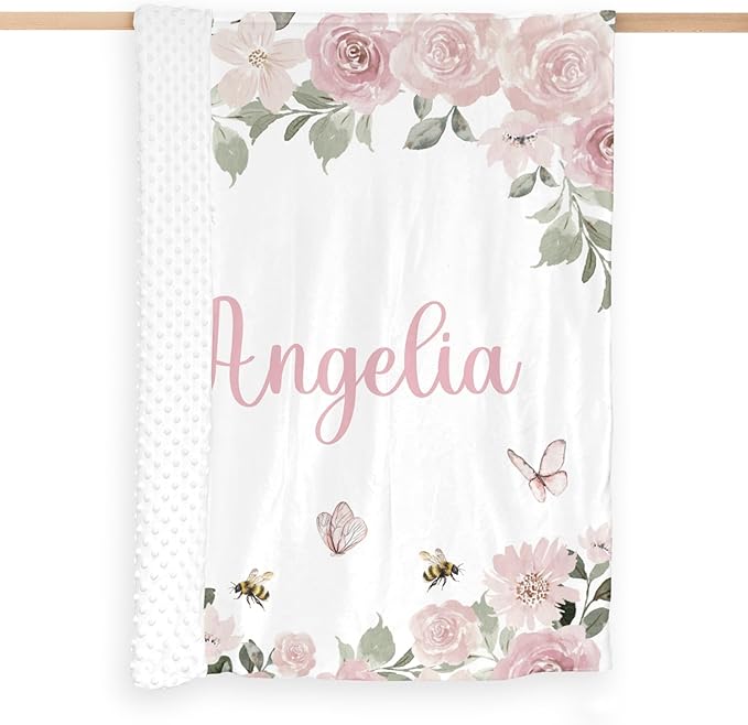 Personalized Baby Blanket for Girls Floral Butterfly Custom Baby Blankets with Name Dotted Backing Customized Gifts for New Mom Customize Baby Blanket for Kids Newborn Birthday Pink