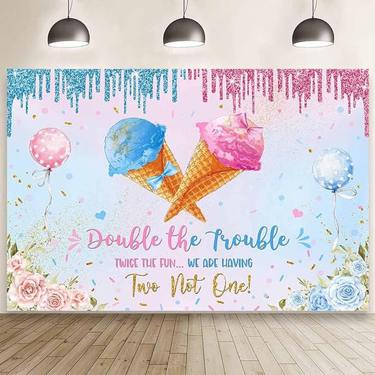 MEHOFOND 7x5ft Ice Cream Twins Baby Shower Banner Decroations, Double The Trouble Twice The Fun We are Having Two Not One Backdrop, Blue Pink Gender Reveal Party Decor Floral Gender Reveal Supplies
