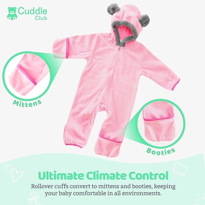 Cuddle Club Fleece Baby Bunting Bodysuit with Hood, Convertible Mittens & Booties, Car Seat Friendly, Soft & Warm, Easy Zip