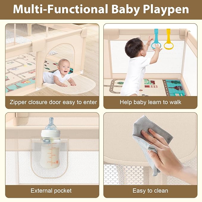 Playpen with Mat 71x59inch - Extra Large Baby Play Pen for Babies and Toddlers - Indoor and Outdoor Baby Playpen with Soft Breathable Mesh Cover - Sturdy Foam Babies Gate Playard (Apricot)
