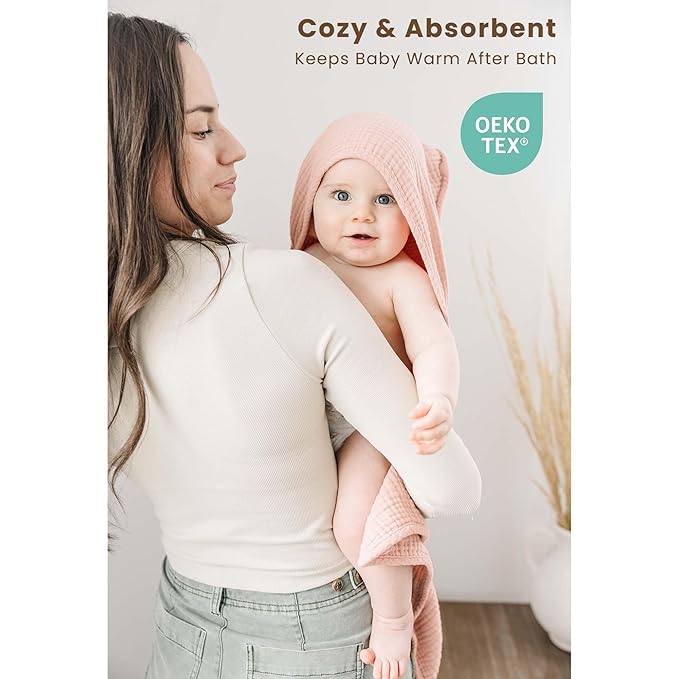 Konssy 2-Pack Muslin Hooded Baby Towels, 100% Cotton, Ultra-Soft & Absorbent Baby Bath Towels with Hood for Newborn & Infant (Pink, Floral,30" x 30")