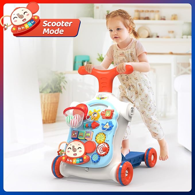 CUTE STONE 5 in 1 Walker for Baby Boy, Sit to Stand Push Walker with Activity Center Learning to Walk, Early Push Walking Toys Gift for Toddler Infant Blue