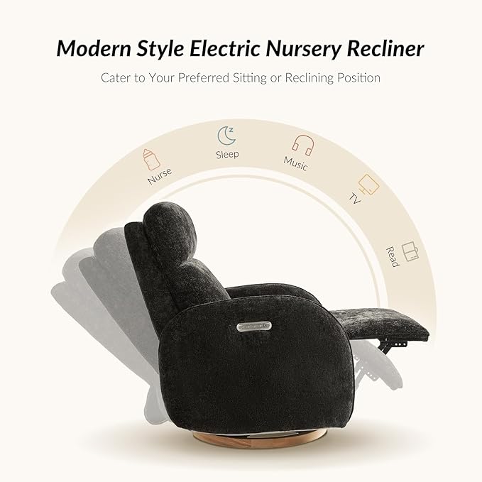 HULALA HOME Glider Recliner Nursery Chair with Adjustable Headrest and Lumbar Support, Modern Power Recliner with USB Port and Nightlight, Swivel Rocker Glider for Nursing Room Bedroom, Black