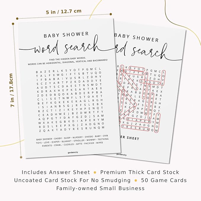 GardenCity 50 Baby Shower Word Search Game Cards, Fun Baby Shower Games for Boy or Girl, Gender Neutral - Minimalist