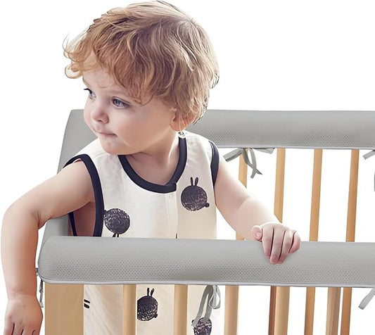 3PCS Crib Rail Covers for Teething, Soft Mesh Rail Protector,Mesh Teething Edge & Corner Guard Coverage Straps for Full Size Crib(Gray)