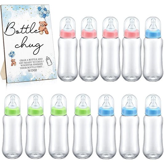 Roowest Bottle Chug Baby Shower Game Favors 12 Pcs Baby Bottles Shower Favor with 1 Wooden Sign for Gender Reveal Party Supplies Gifts(Bear)
