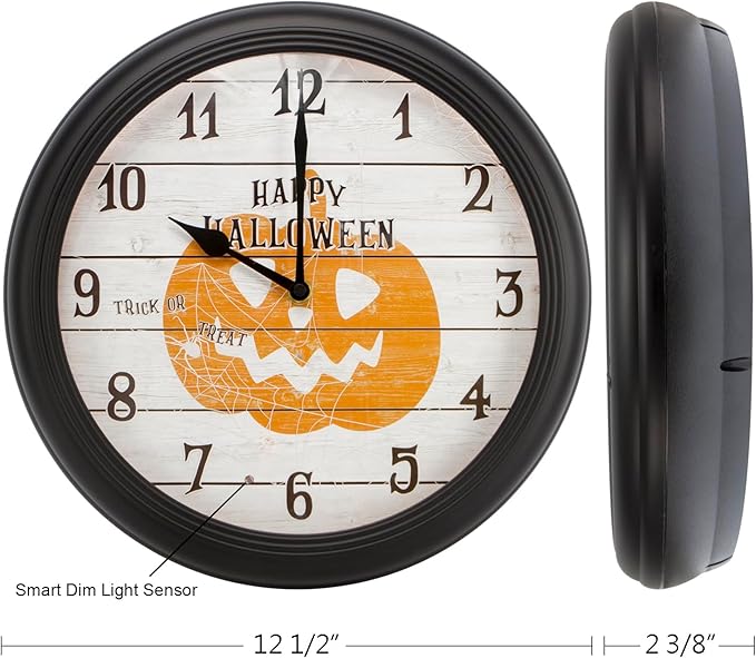 Evelyne Product Image LED Round Wall Clock - 12.5" Happy Halloween Pumpkin Style Dial, Battery Operated, Night-time Sensor - Easy-to-Read Analog for Bedroom, Office & Living Room