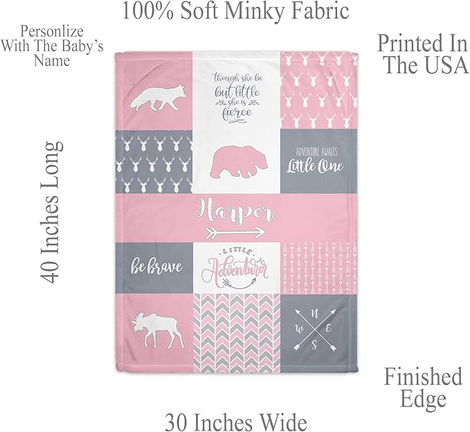 Woodland Personalized Baby Blanket - Personalized Baby Blankets for Girls-Custom Baby - Nursery Décor - Baby for Girls Personalized (Pink Woodland)