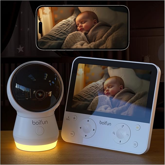 BOIFUN 5.5" AI 4MP Baby Monitor Pro Max: App (Wi-Fi) and Monitor (No Wi-Fi) Control, Upgrade AI Detection (Tummy Sleeping & Face Area), Colorful Night Light, 360° Camera, Motion & Sound Detection