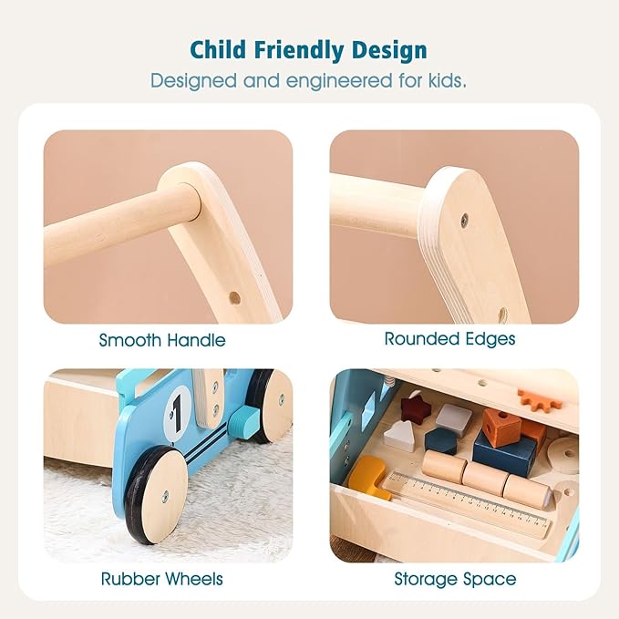 IEATFO Wooden Baby Walker Adjustable Height with Tool Bench and Toy Storage Wagon - Multifunctional Toddler Push Walker Ergonomically Designed for Natural Walking - 3+ Years of Continuous Use