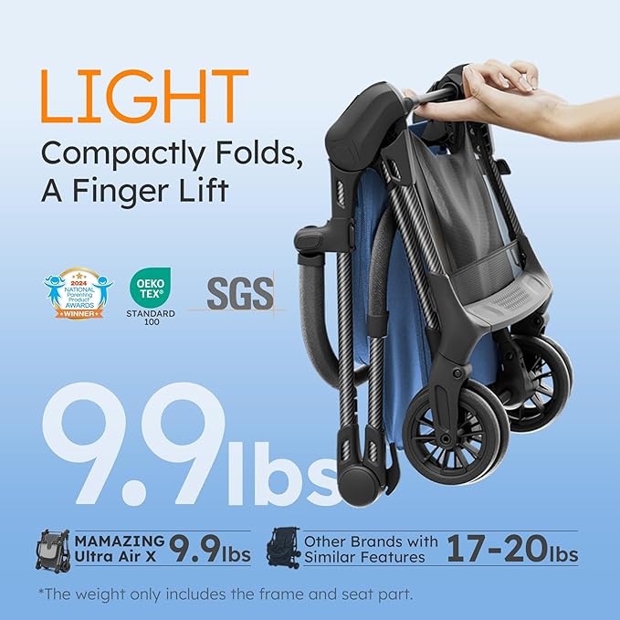 Lightweight Baby Strollers for Airplane, Ultra-Compact Travel Stroller, Light & Strong Portable Toddler Stroller with Carbon Fiber Frame and UPF 50+ Waterproof Canopy, Only 9.9 lbs, Blue