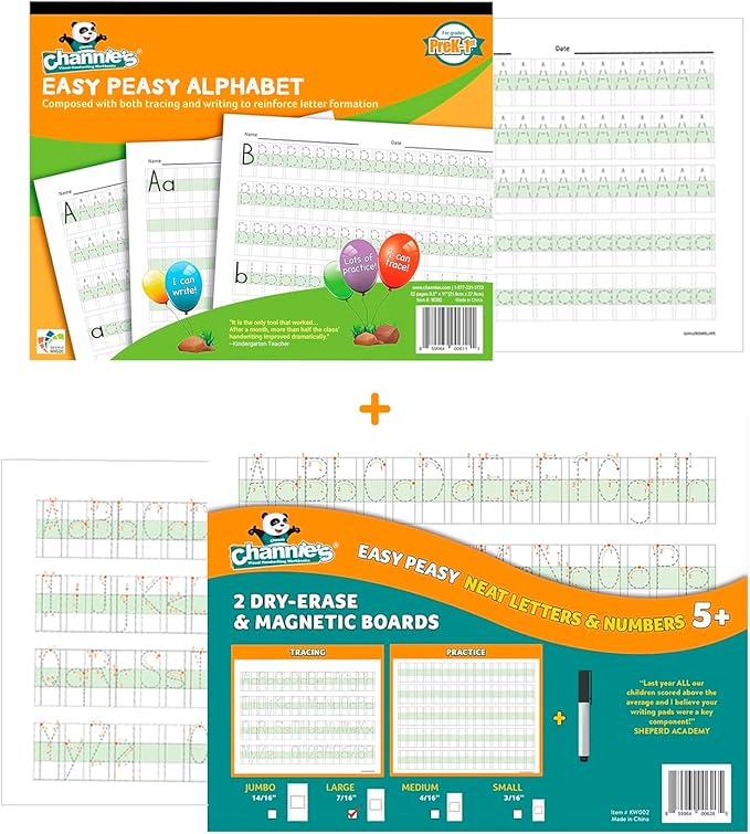 Channie’s Easy Peasy Alphabet Handwriting Workbook + 2 Easy Peasy Dry-Erase Neat Numbers & Letters Tracing Magnetic Boards for Pre-K - 1st Grade, Homeschool Learning & Summer School Teaching Supplies