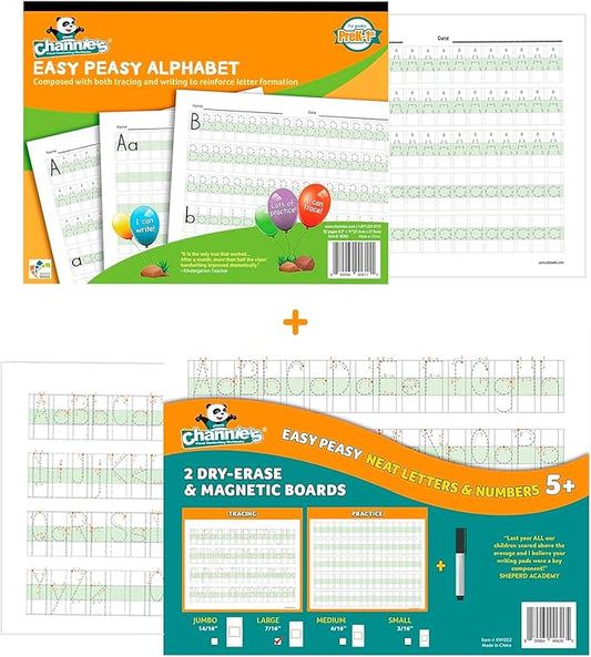 Channie’s Easy Peasy Alphabet Handwriting Workbook + 2 Easy Peasy Dry-Erase Neat Numbers & Letters Tracing Magnetic Boards for Pre-K - 1st Grade, Homeschool Learning & Summer School Teaching Supplies