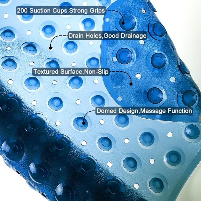 Linoows Bathtub and Shower Mats, Extra Long Non-Slip Bath Tub Mat 39 x 16 Inch, Machine Washable Bathmat with Suction Cups & Drain Holes for Bathroom Floor, Clear Royal Blue