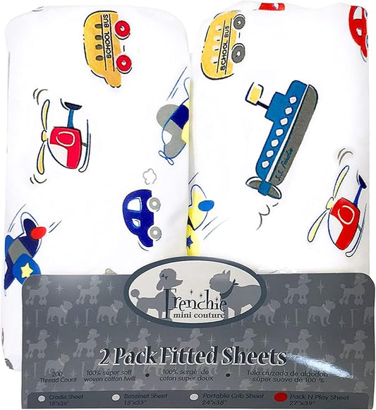 Boys Pack N Play Sheets, 100% Cotton, Cars, Boats, Planes, 27 x 39in, 2-Pack