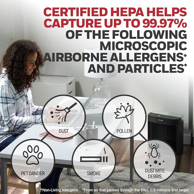 Honeywell Allergen Plus HEPA Air Purifier for Home, Large Rooms up to 900 Ft², Turbo Clean, HEPA Filter Reduces Allergens, Dust, Pollen, Pet Dander, All Smoke Types, Odors, Black, HPA5100B