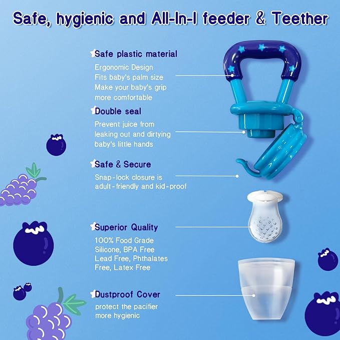 Baby Fruit Feeder with Freezer Tray – 3-Size Silicone Teether for 3-24 Months, BPA-Free, Leakproof Self-Feeder, Dishwasher Safe, Baby Weaning & Teething Snack Tool(Blue Green)