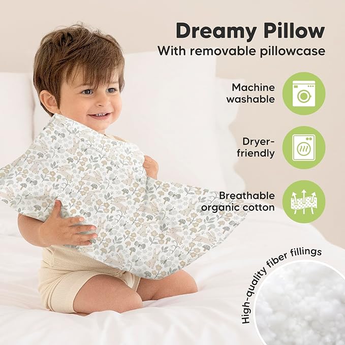 Toddler Pillow with Pillowcase - 13x18 My Little Dreamy Kids Travel Bed Pillows for Sleeping, Organic Cotton Small Pillowcase, Soft & Breathable, Machine Washable, Toddlers 2-5 Years Old (Prairie)