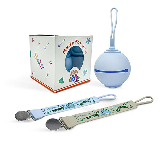 Pacifier Clip and Case for Baby Boys – Blue & Gray | 2 Silicone Clips with Storage Box | BPA-Free Set for 0–6 Month Babies