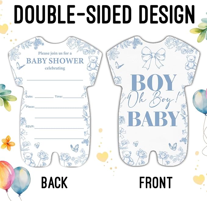 LyoGao Oh Boy Baby Shower Invitations - Dusty Blue Toile Bear Baby Shower Party Fill in Invites Cards With Envelopes (20 Pack)