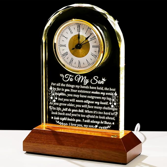 Meaningful Glass Clock Gifts for Son from Mom Dad Graduation with Wooden Light Base I Love You Personalised Glass Plaque Presents for Best Son Birthday Keepsakes for Him Table Decor