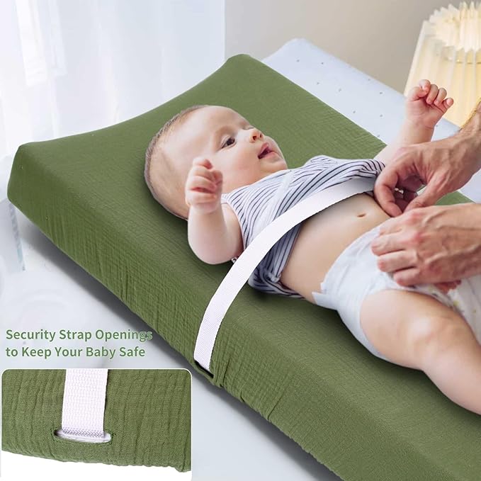 Muslin Changing Pad Cover for Baby Girls Boys-2 Pack 17"x 33" Cotton Soft Diaper Changing Pad Cover-Breathable Changing Pad Sheets-Neutral Boho Baby Showers Gift-Olive Green & Beige