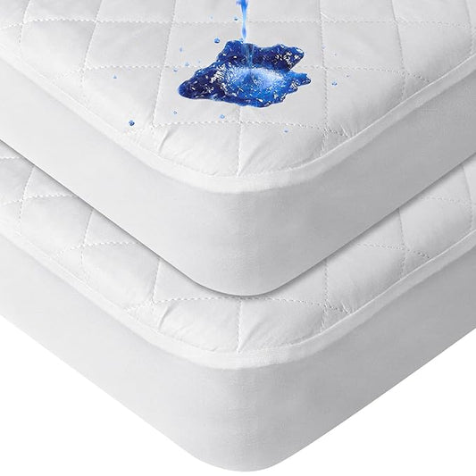 Crib Mattress Protector Waterproof 2 Pack, Quilted Crib Mattress Pad Cover 52" x 28" Extra Soft Breathable Toddler Bed Cover Stretch Up to 8", White