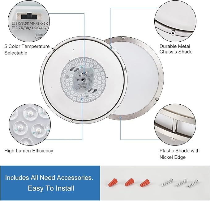 DLLT 2Pack Flush Mount LED Ceiling Light: 10 Inch 5CCT (3000K-6000K) & Dimmable Ceiling Light Fixtures for Bedroom - 18W Modern Brushed Nickel 1600LM Super Bright Kitchen Lighting Fixtures Ceiling
