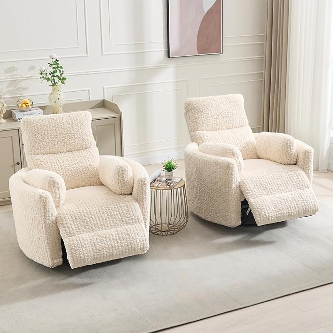 Power Swivel Glider Rocking Recliner Nursery Chair with 2 Pillows, Electric Rocker Reclining Chairs with Type-C & USB Charger Port for Living Room, High Back Barrel Armchair for Bedroom, Beige