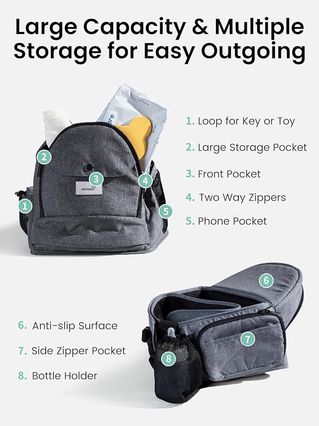 Baby Hip Seat Carrier, GROWNSY Ergonomic Hip Seat Baby Carrier with Multiple Pockets, Adjustable Extended Waistband for Newborns & Toddlers up to 50 lbs, Grey