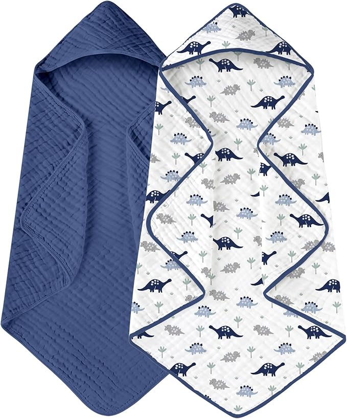 Yoofoss Hooded Baby Towels for Newborn 2 Pack 100% Muslin Organic Cotton Baby Bath Towel with Hood for Babies, Infant, Toddler and Kids, 32x32Inch, Soft and Absorbent Newborn Essential, Navy Dinosaur