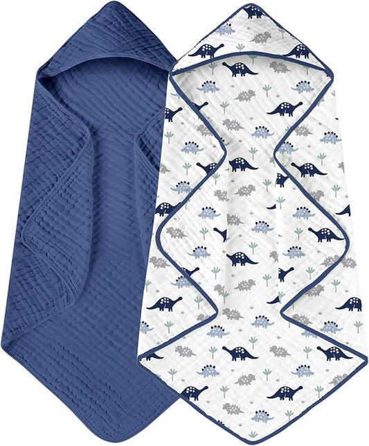 Yoofoss Hooded Baby Towels for Newborn 2 Pack 100% Muslin Organic Cotton Baby Bath Towel with Hood for Babies, Infant, Toddler and Kids, 32x32Inch, Soft and Absorbent Newborn Essential, Navy Dinosaur