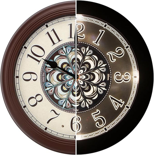 Evelyne LED Round Wall Clock - 12.5" Victorian Style Dial, Battery Operated, Night-time Sensor - Easy-to-Read Analog for Bedroom, Office & Living Room