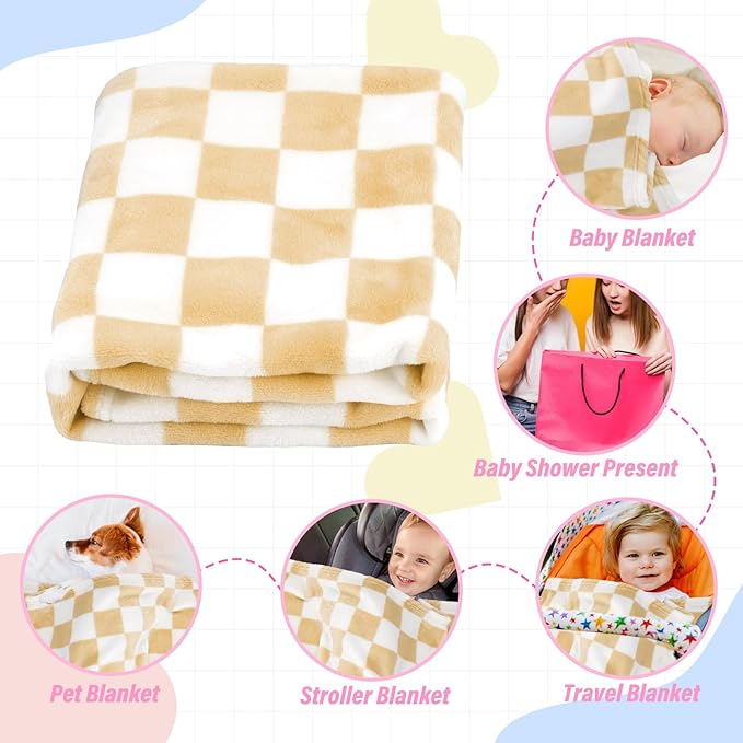 Plush Checkered Baby Blanket for Boys Girls Nursery, 30"*40" Warm Short Fleece Blanket Neutral for Infant Newborn, Small Fuzzy for Sleeping, Chenille or Stroller (Sand Yellow&White)